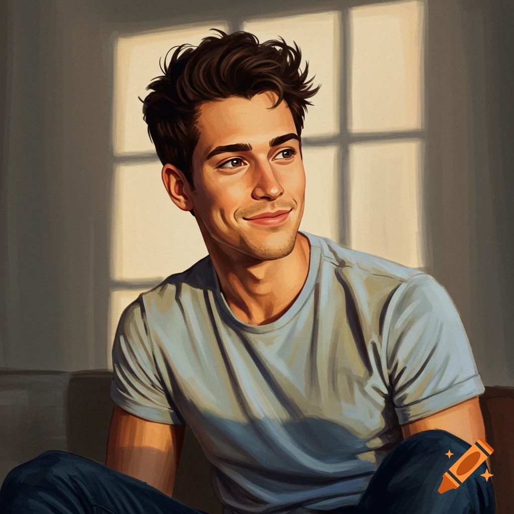 Portrait of a smiling man looking away, illuminated by light from a window.