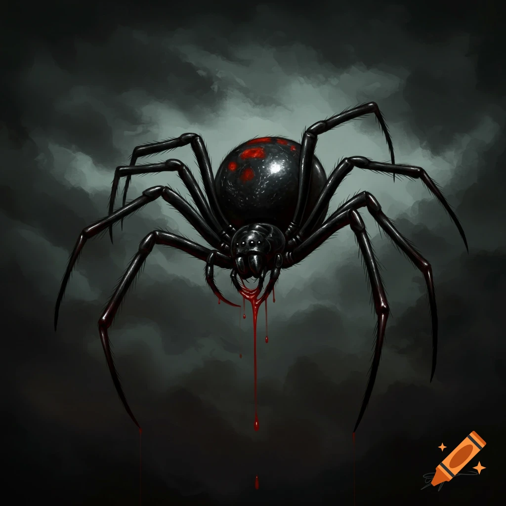 Black widow spider with blood dripping from its mouth against a dark background.