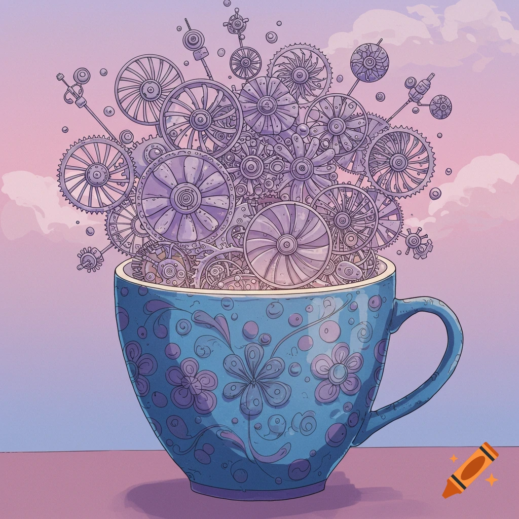 An illustration of a blue teacup overflowing with various gears and rotors against a pastel sky.