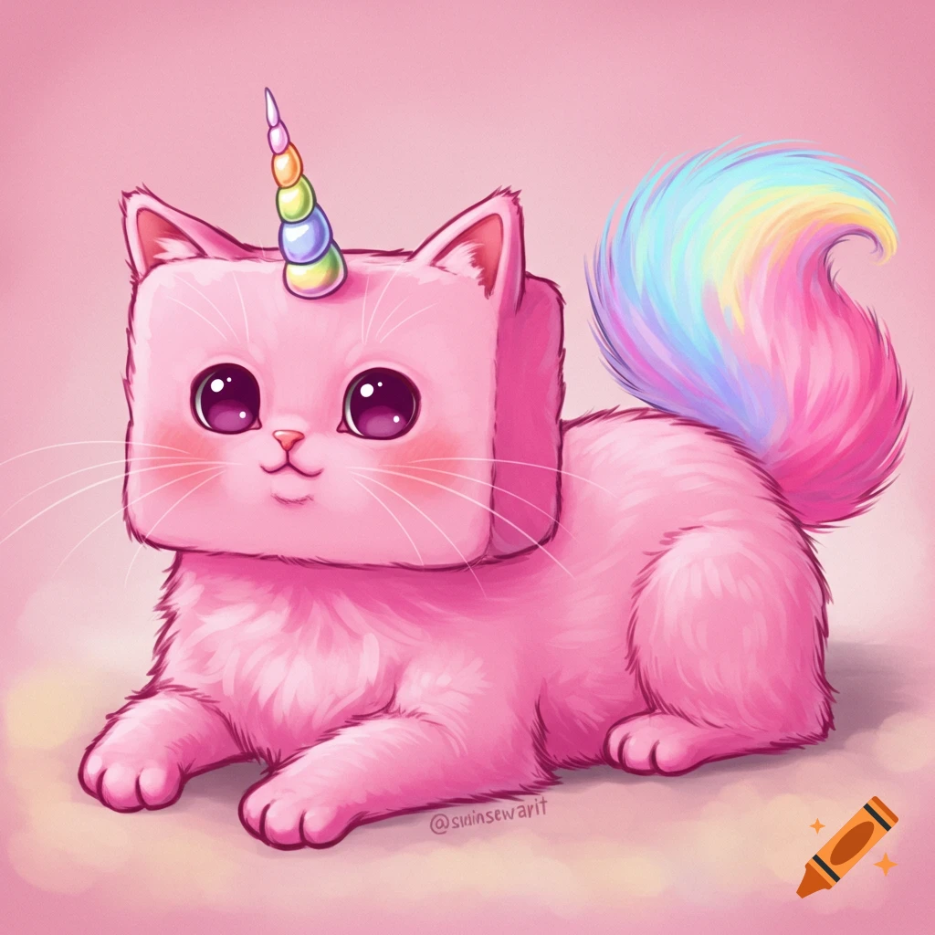 A pink unicorn cat with a rectangle head and rainbow tail.