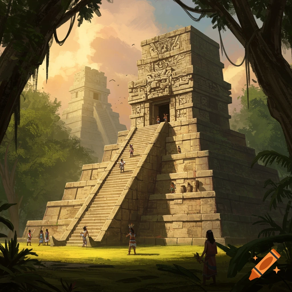 An ancient Mayan temple complex in a jungle setting, with people on the steps.