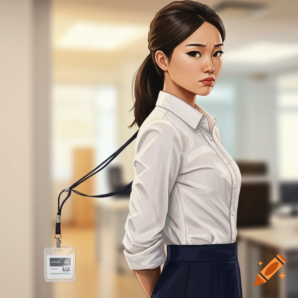 An office woman in a white shirt and blue skirt, with a long lanyard draped backward over her shoulder and badge on her back.