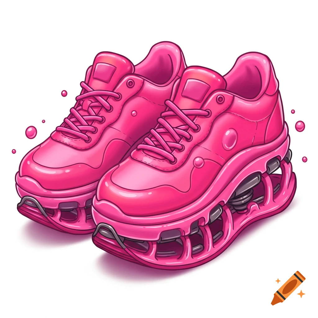 A pair of vibrant pink futuristic shoes with intricate segmented soles.