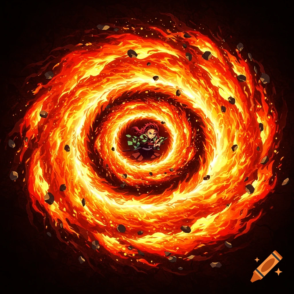 Anime character in a fiery vortex with rocks
