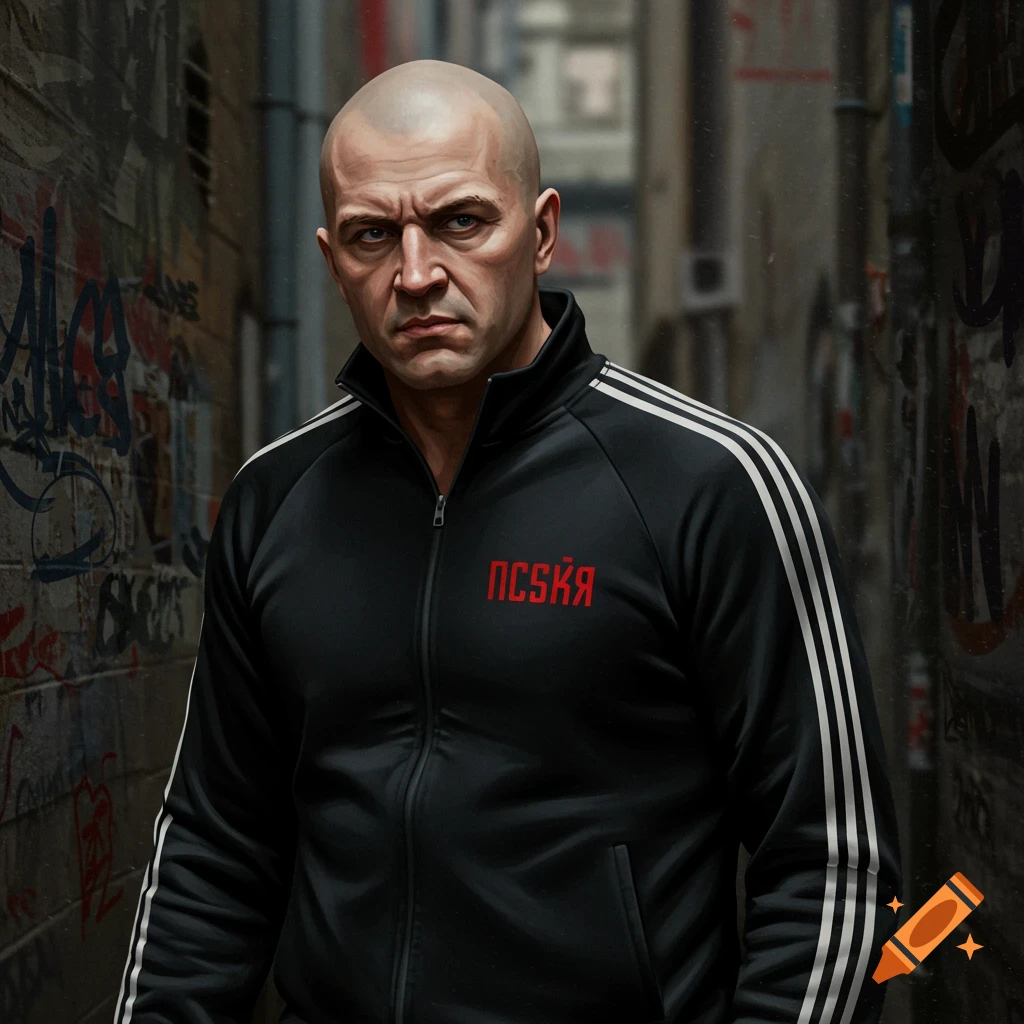 Painting of a bald man in a black tracksuit standing in an alley.