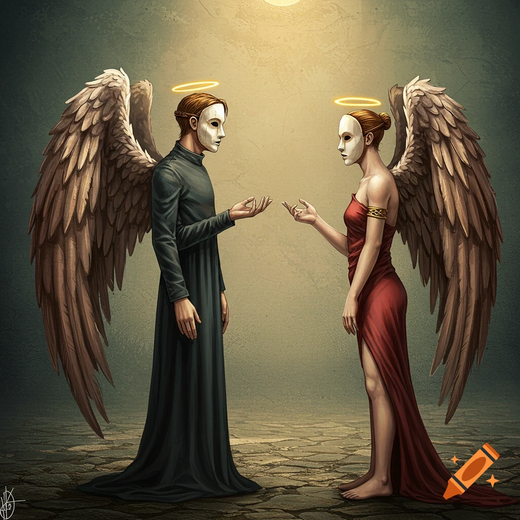 Two masked figures with large wings face each other in an allegorical scene.