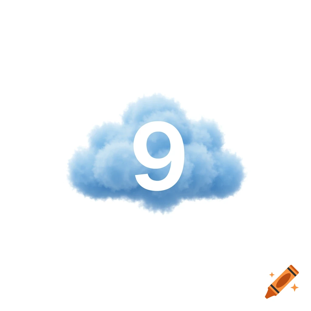 A large white number nine is centered on a light blue cloud against a white background.