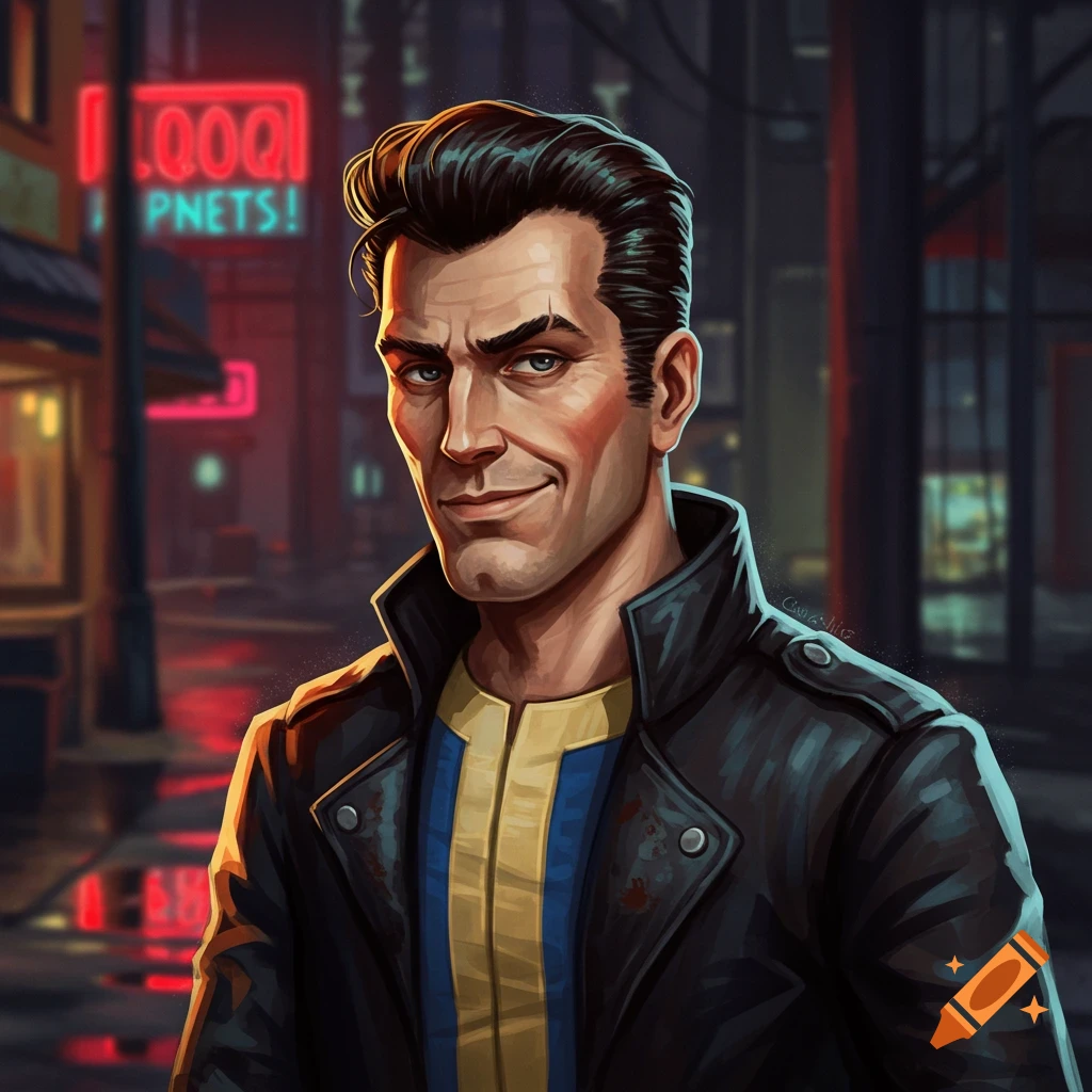 A man in a vault suit and leather jacket stands on a city street at night.