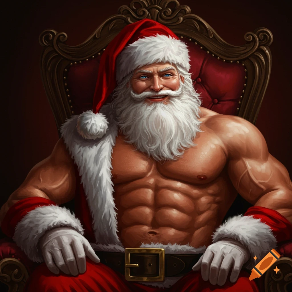 A muscular Santa Claus is sitting in a red chair.