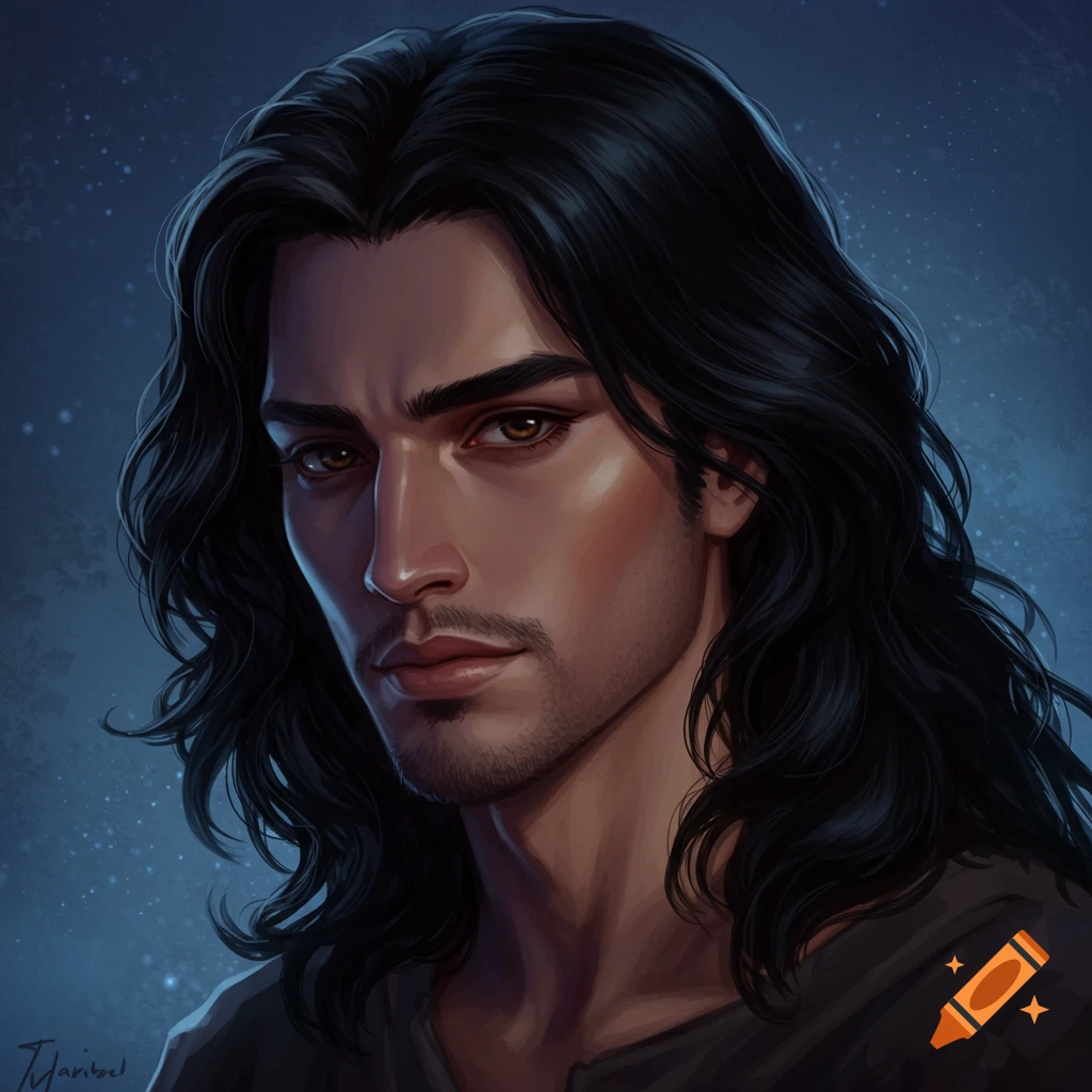 A man with long black hair and brown eyes against a starry background.