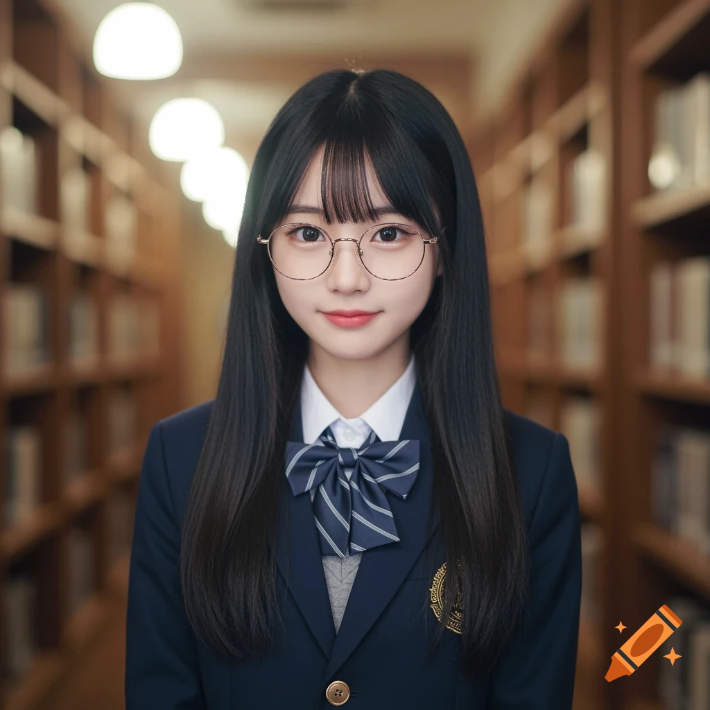 A young woman in a school uniform and glasses poses in a library.