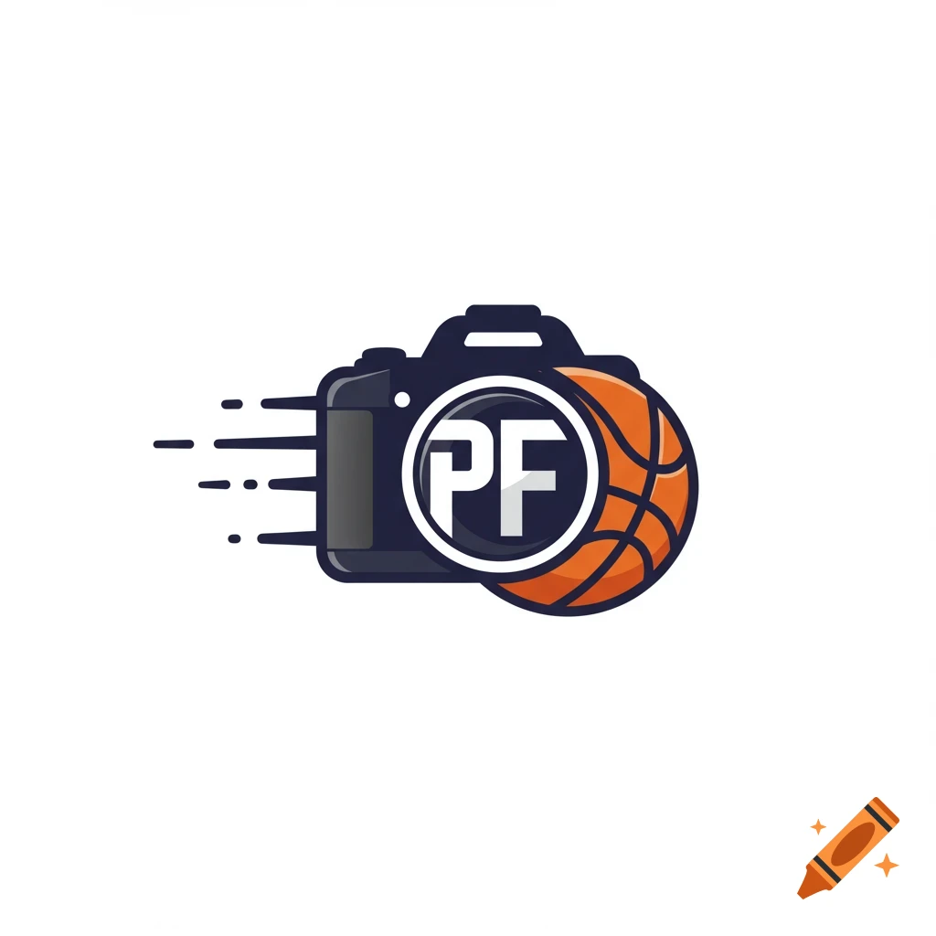 Logo design featuring a camera, a basketball, and the letters "PF".