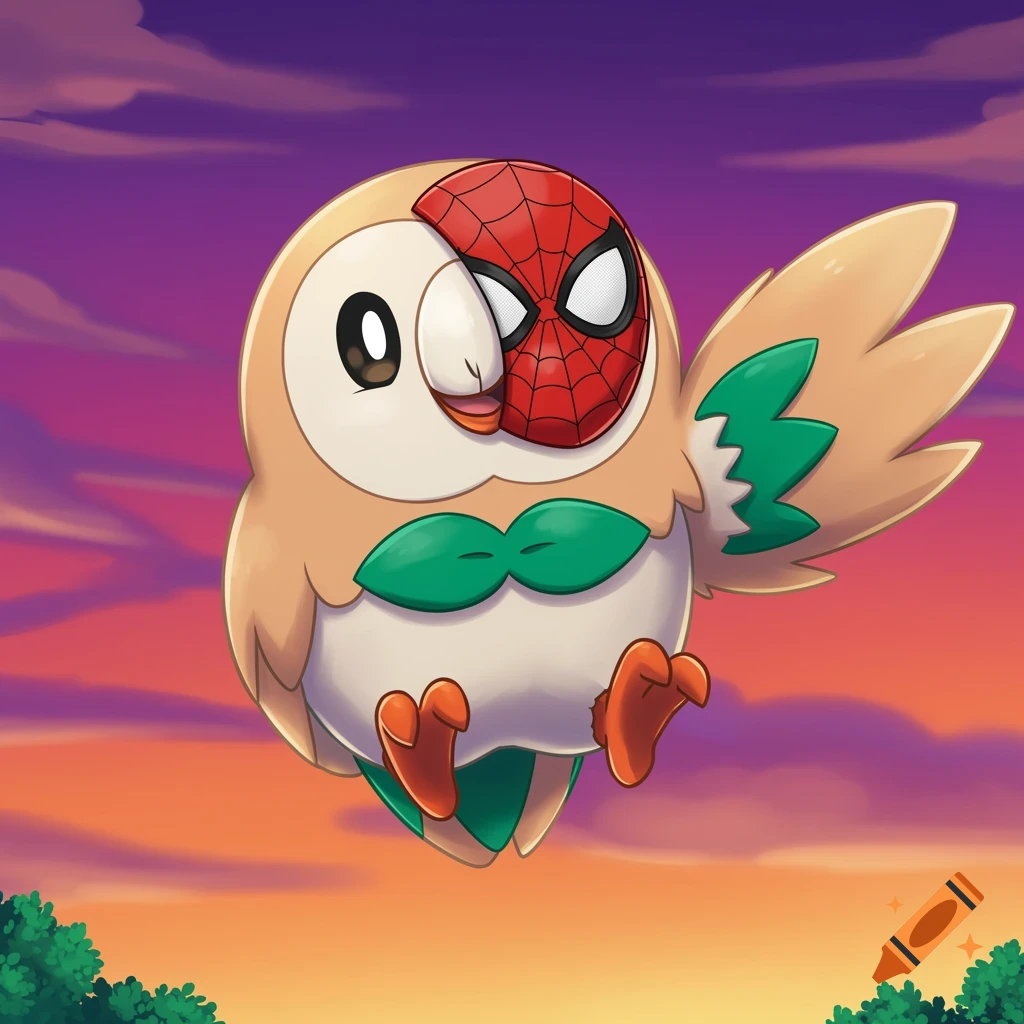 Anime illustration of Rowlet Pokemon wearing a Spider-Man mask, flying at sunset.