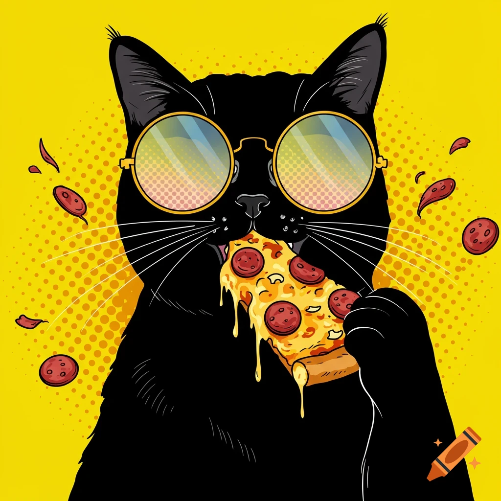Pop art illustration of a black cat wearing sunglasses and eating pizza.