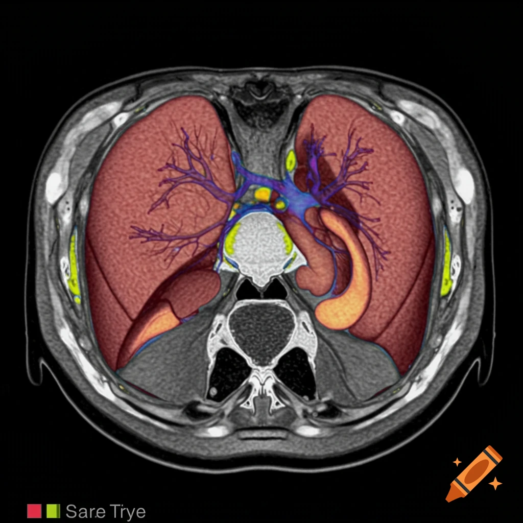 Colored axial medical scan of a human torso showing lungs, heart, and spine