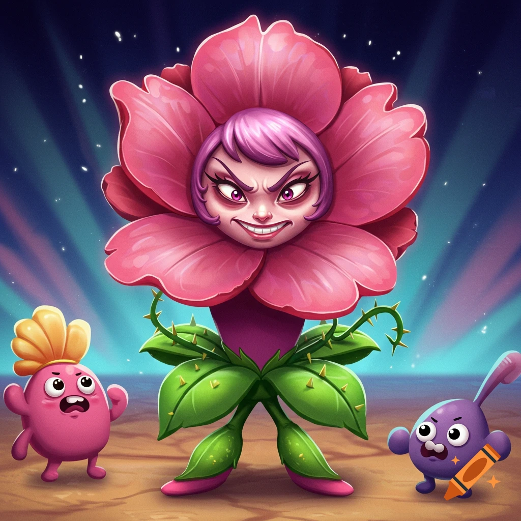 A large, angry pink flower character stands between a small pink character and a small purple character in a cartoon style.