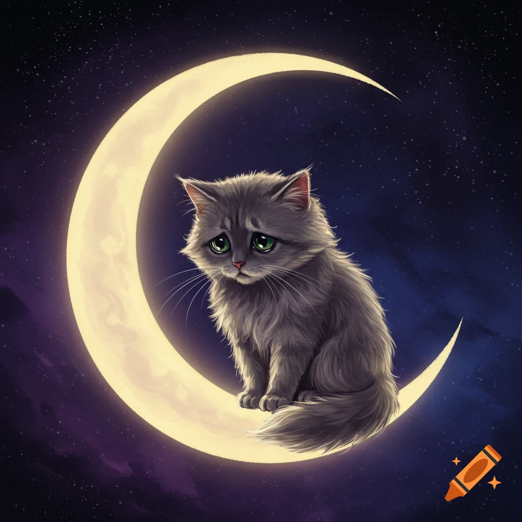 A sad grey cat sitting on a glowing crescent moon in a starry night sky.