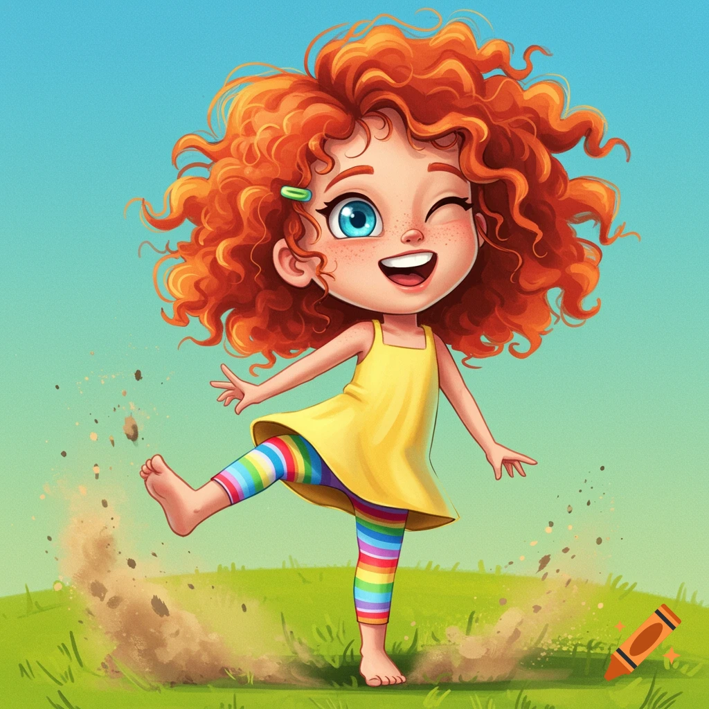 Cartoon illustration of a smiling girl with red hair and rainbow leggings kicking up dirt on a hill.