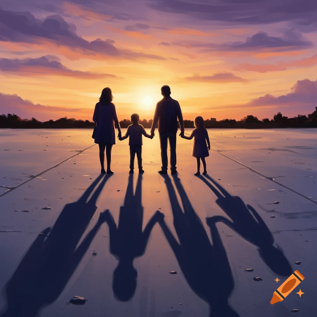 A family holding hands, walking into a sunset and casting long shadows.