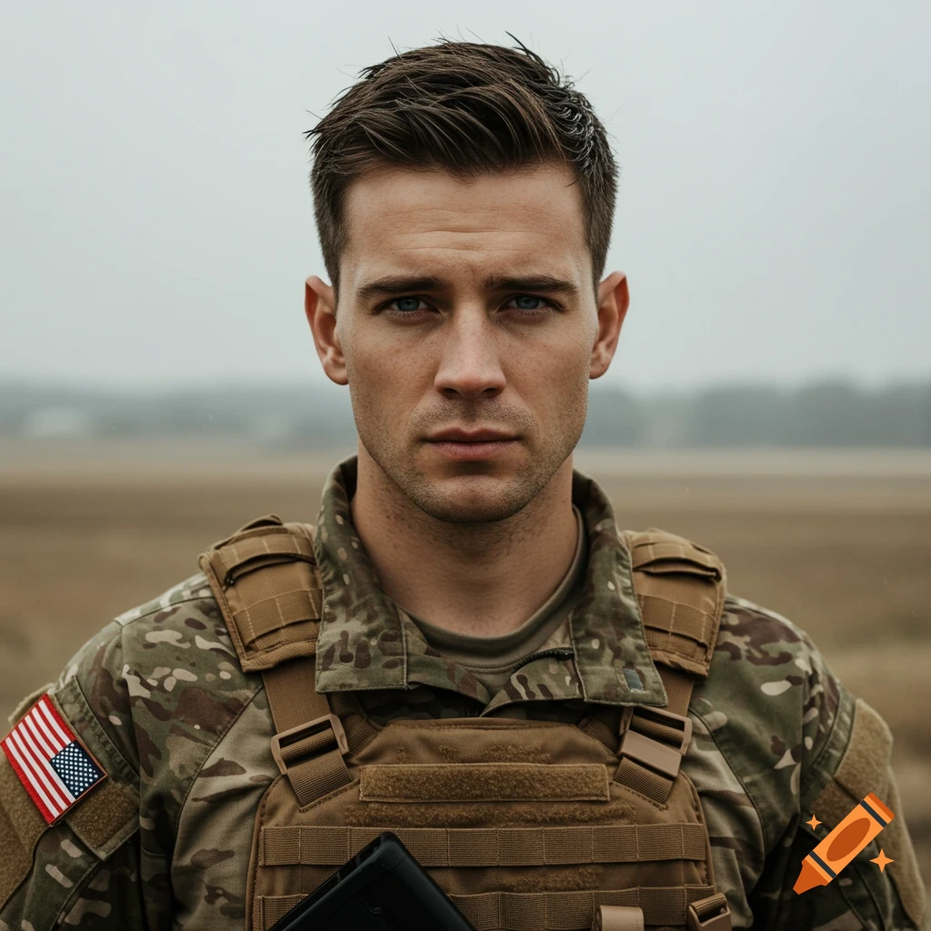 Close-up portrait of a male soldier in camouflage uniform with a US flag patch.