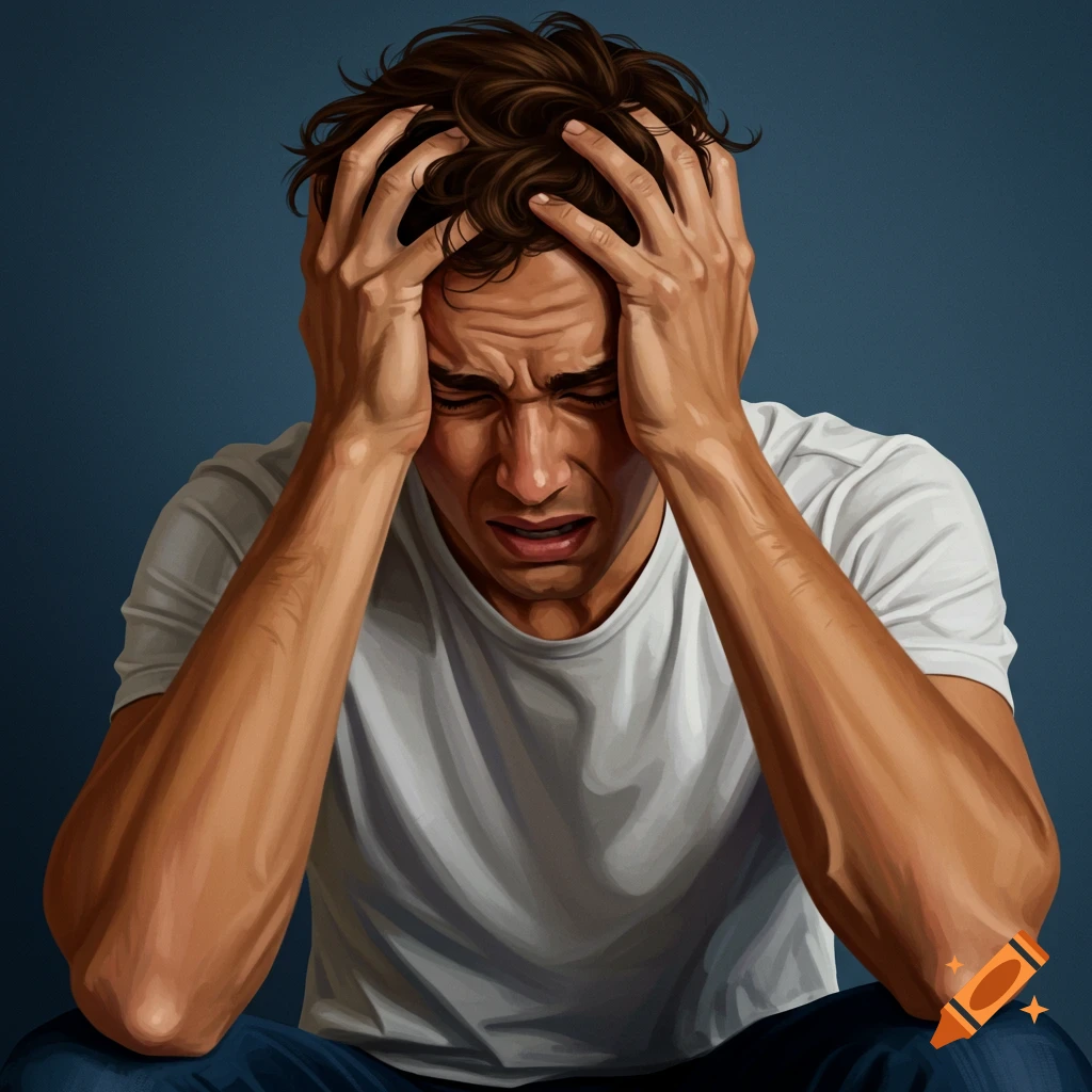A man is grabbing his head in distress against a blue background.