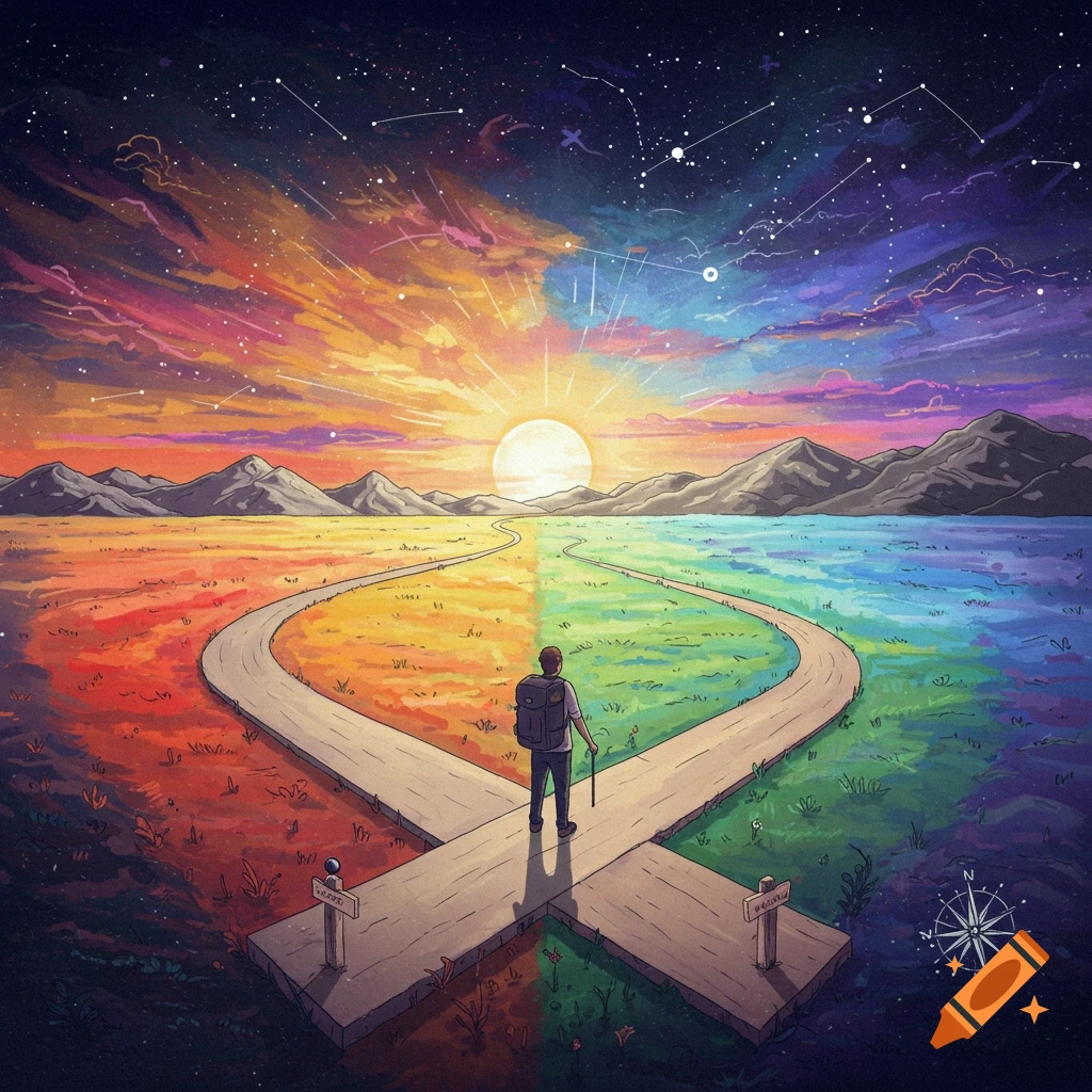 A person stands at a crossroads in a vibrant, split landscape representing life paths.