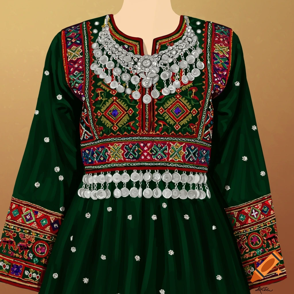 A green Kuchi Pashtun dress with detailed embroidery and silver coin decorations.