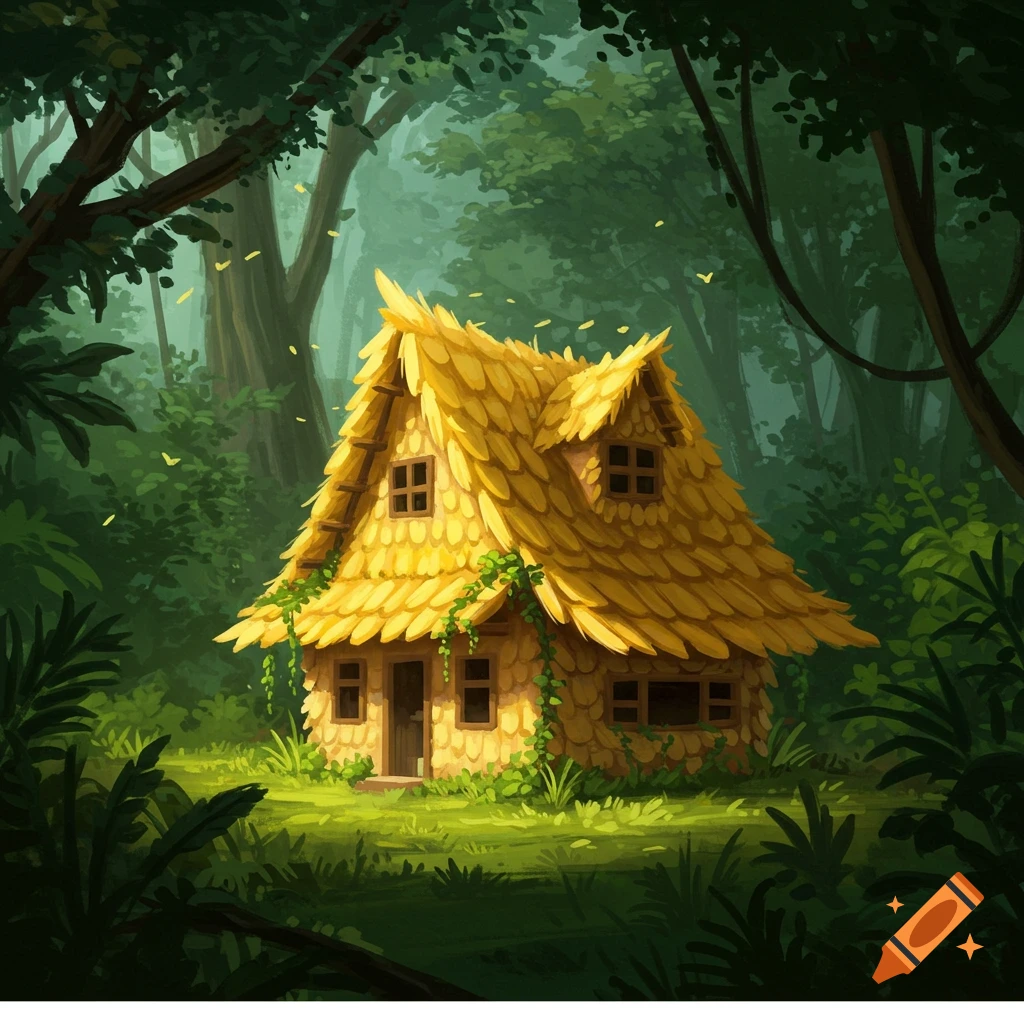 A small house made of yellow feathers in a lush green jungle.