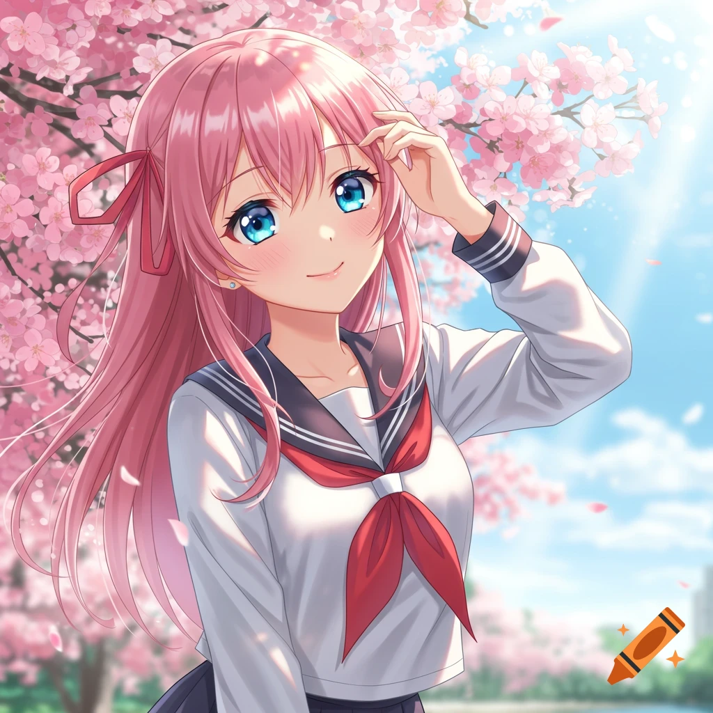Anime girl with pink hair in school uniform under cherry blossoms.