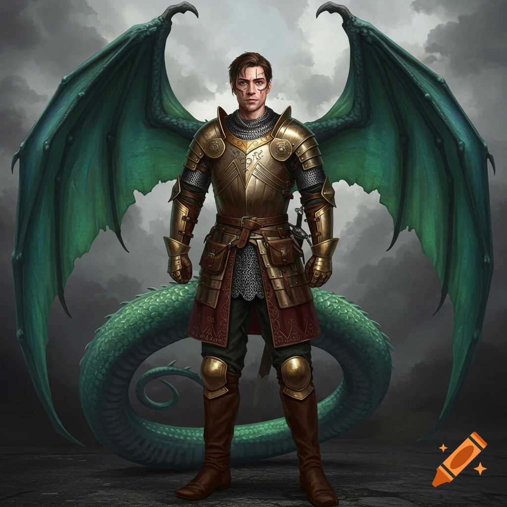 A medieval man in golden armor with green dragon wings and tail.