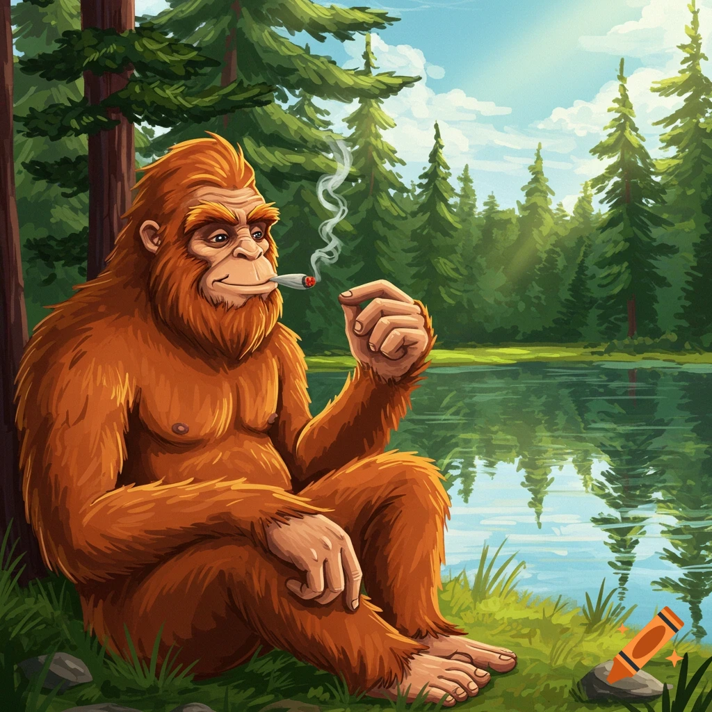A ginger Sasquatch sits by a lake and smokes.
