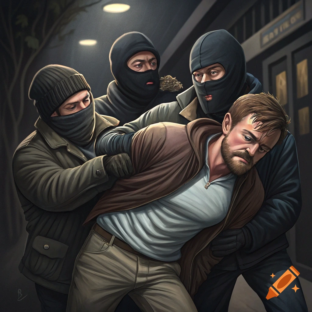 An illustration of masked men grabbing hold of a man in a dark alley.