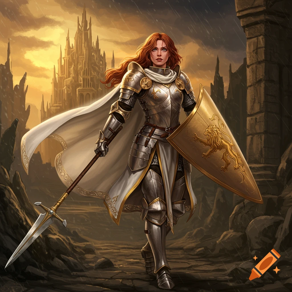A female paladin in armor with a spear and shield, walking towards a distant castle.