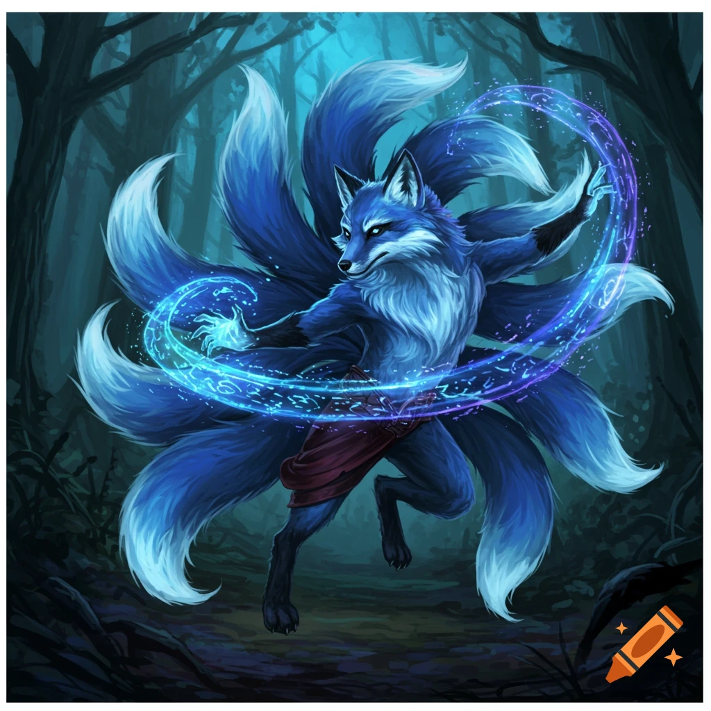 A blue nine-tailed kitsune conjuring magic in a forest.