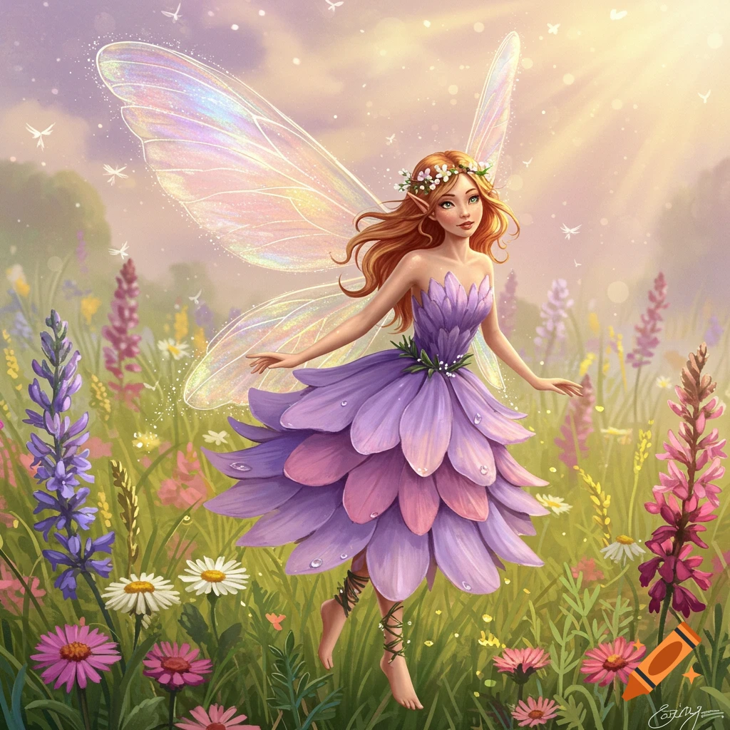 A fairy in a purple flower dress stands in a sunny field of wildflowers.