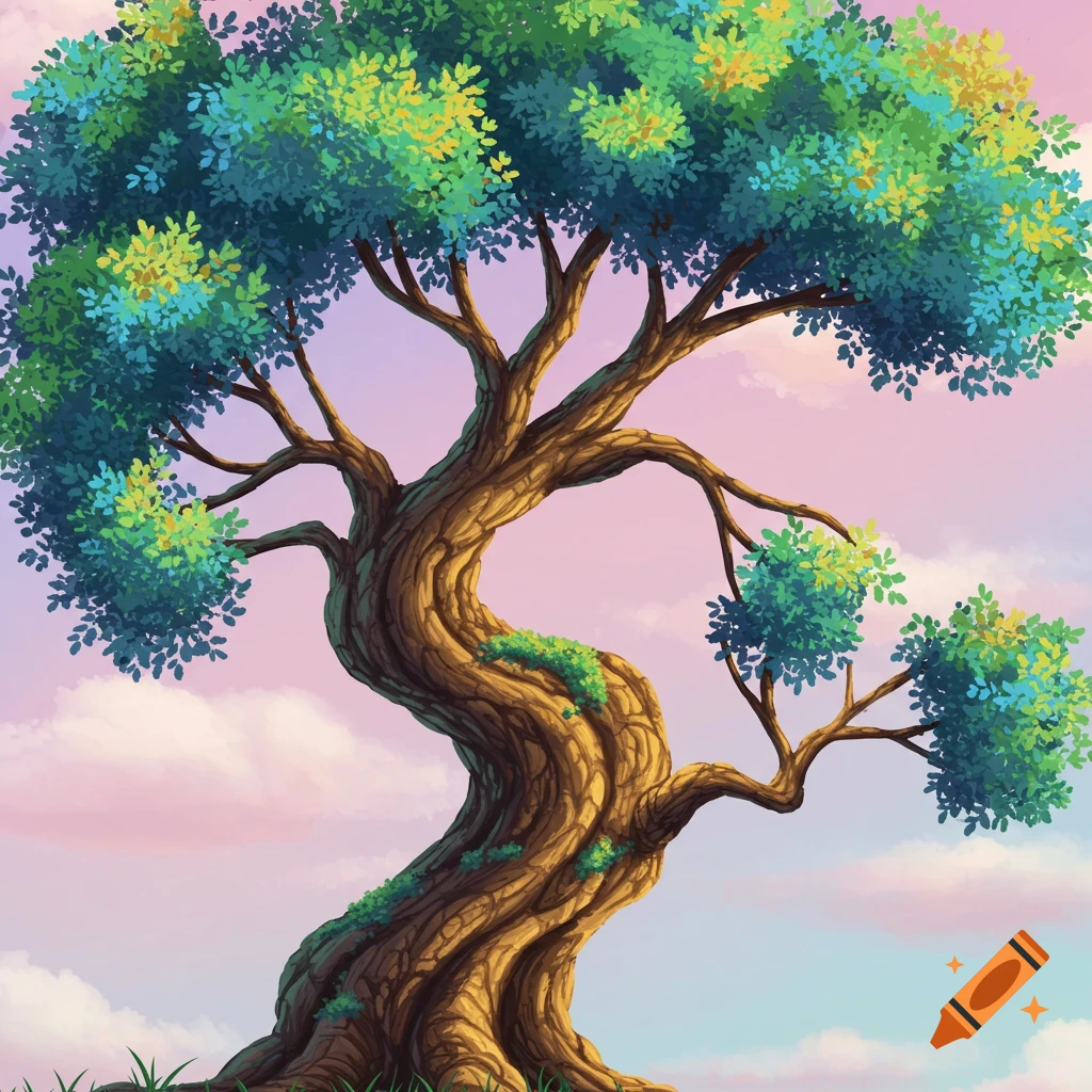 A twisted tree with colorful leaves stands against a pink and blue sky.