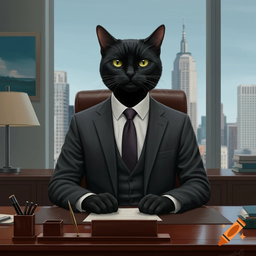 A black cat wearing a suit and tie, sitting at a desk in an office overlooking a city skyline.