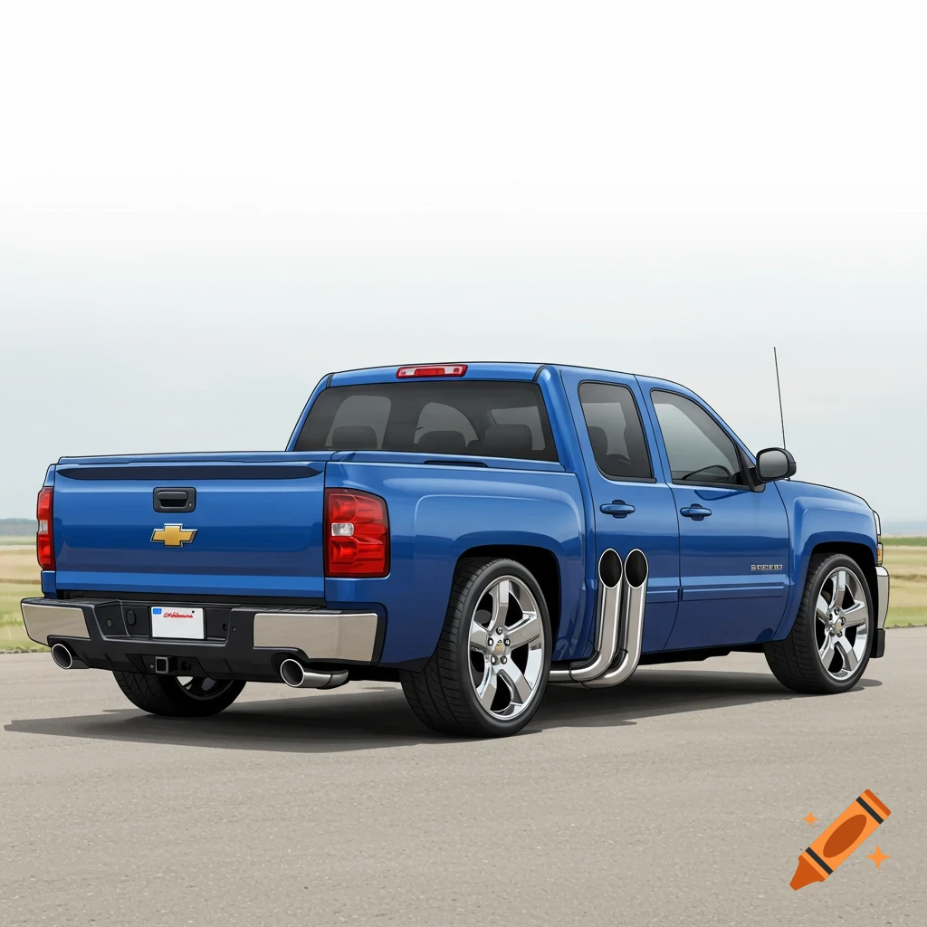 A blue Chevrolet Silverado truck with side dual exhaust pipes is shown.