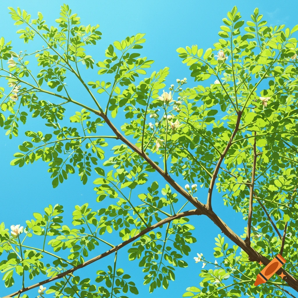 Branches and leaves of a moringa tree against a blue sky.