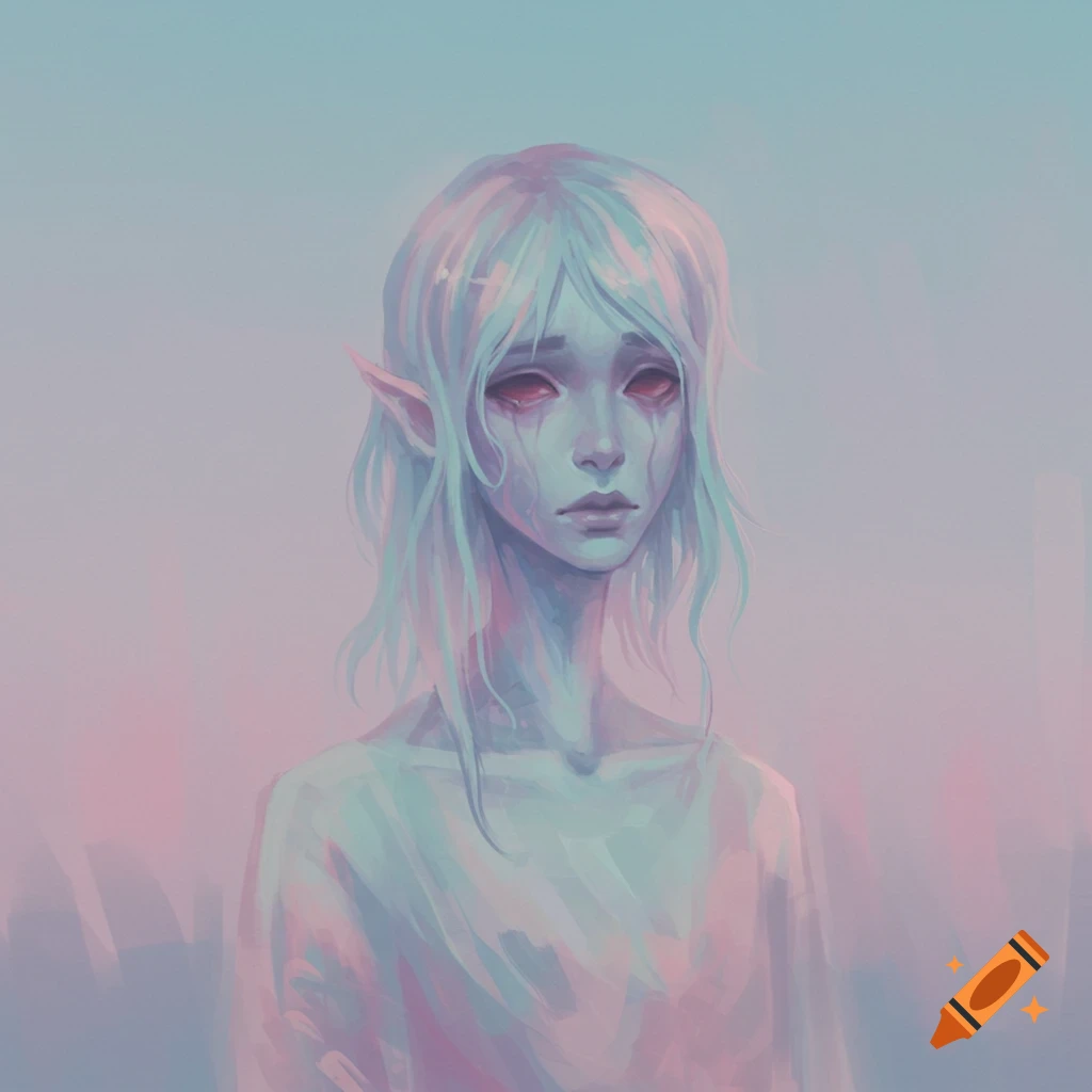 Sad elf-like figure with red eyes and pastel background.