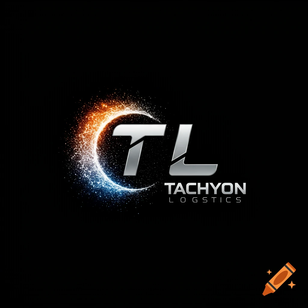 Futuristic logo with silver 'TL' letters, blue and orange particle swirl, and 'TACHYON LOGISTICS' text on black background.