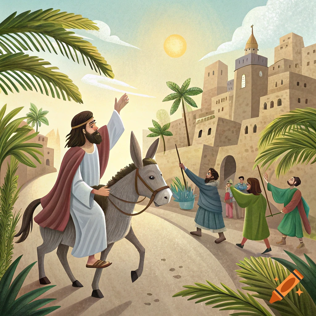 Illustration of Jesus riding a donkey into Jerusalem on Palm Sunday, waving to a crowd.