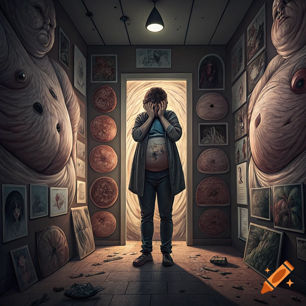 A person covers their face in a hallway filled with disturbing, large, distorted figures and unsettling artwork. Surreal, horror style.