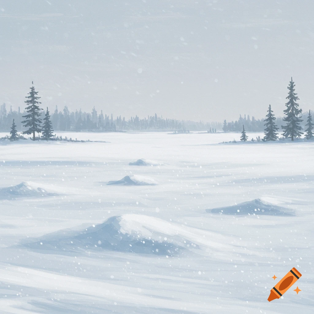 A snowy field with evergreen trees in the distance.