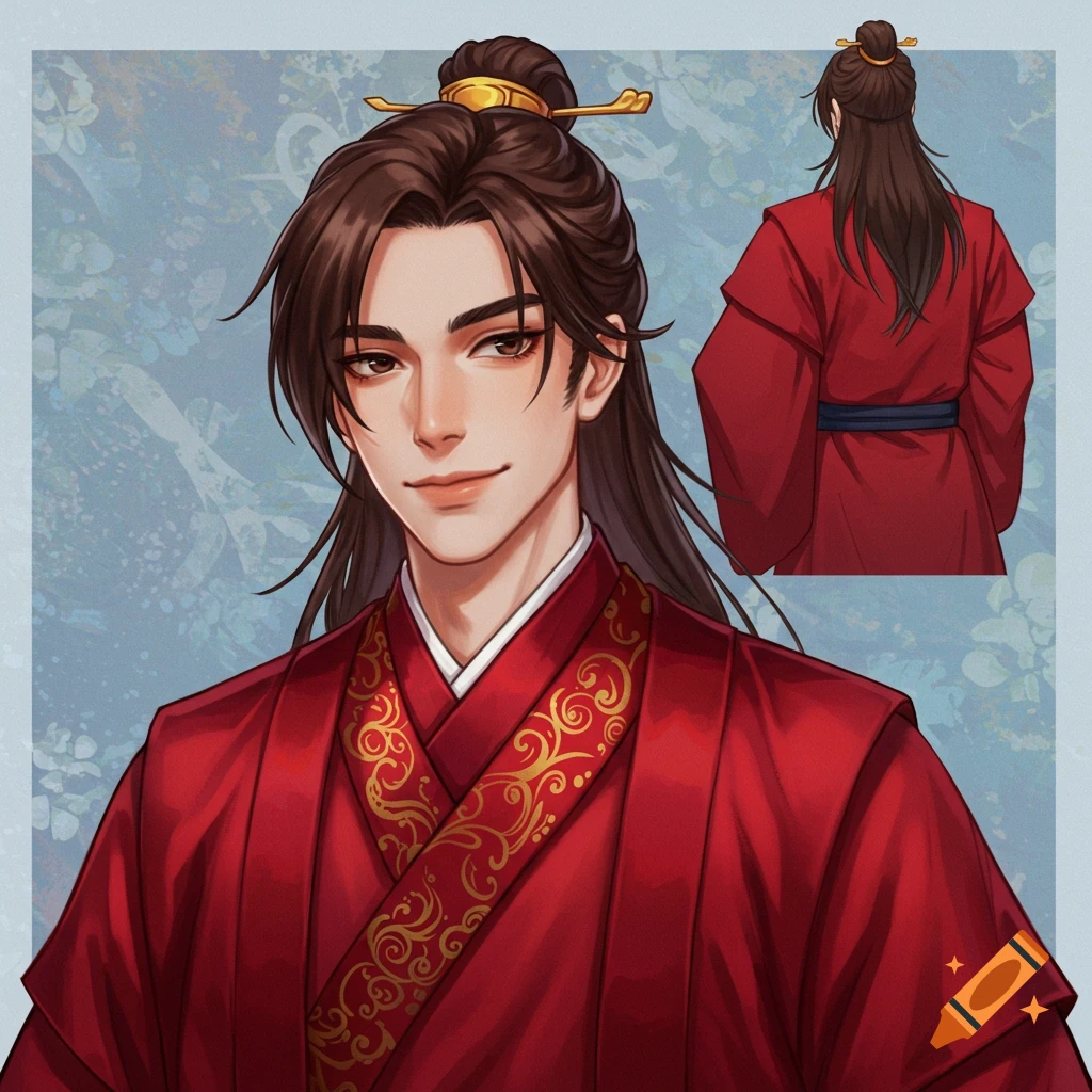 Image of a man in red hanfu, front view and back view.