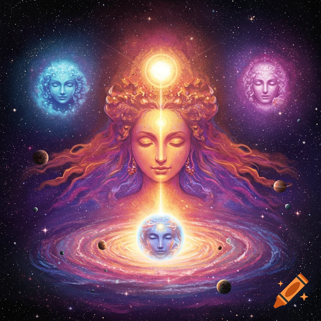 A cosmic being with multiple faces, galaxies, and stars.