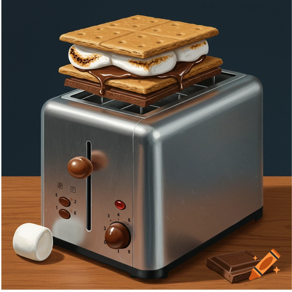 Digital illustration of a s'more stack on top of a toaster.