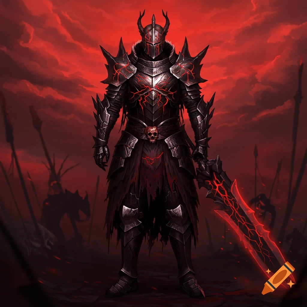A dark fantasy warrior in black spiked armor stands on a battlefield under a red sky, wielding a glowing red greatsword.