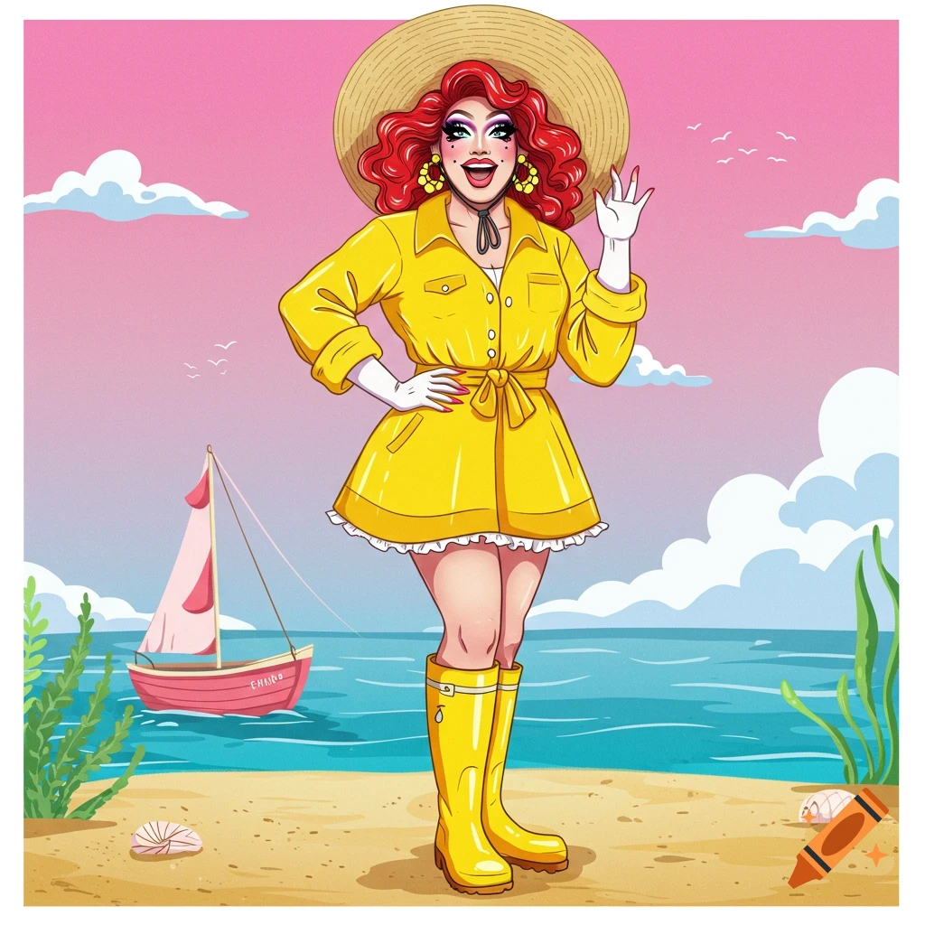 A drag queen in a yellow outfit, gloves, boots, and a straw hat waves on a beach.