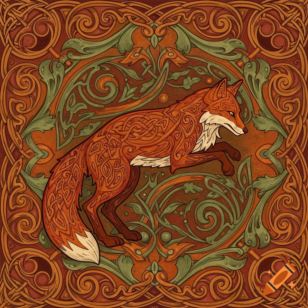 Illustration of a fox made of Celtic knotwork surrounded by scrollwork.
